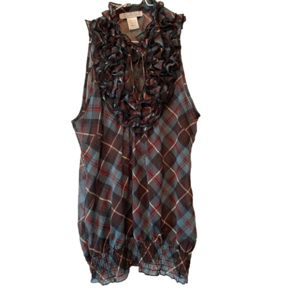Charlotte Russe‎ Women's S Academia Preppy Plaid Ruffle Sleeveless Blouson Top